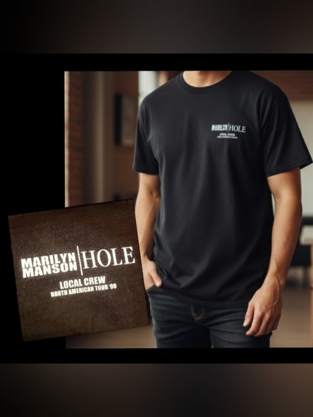 Vtg 90s blk Marilyn Manson Hole 1999 tour local crew graphic tshirt XL Unisex.